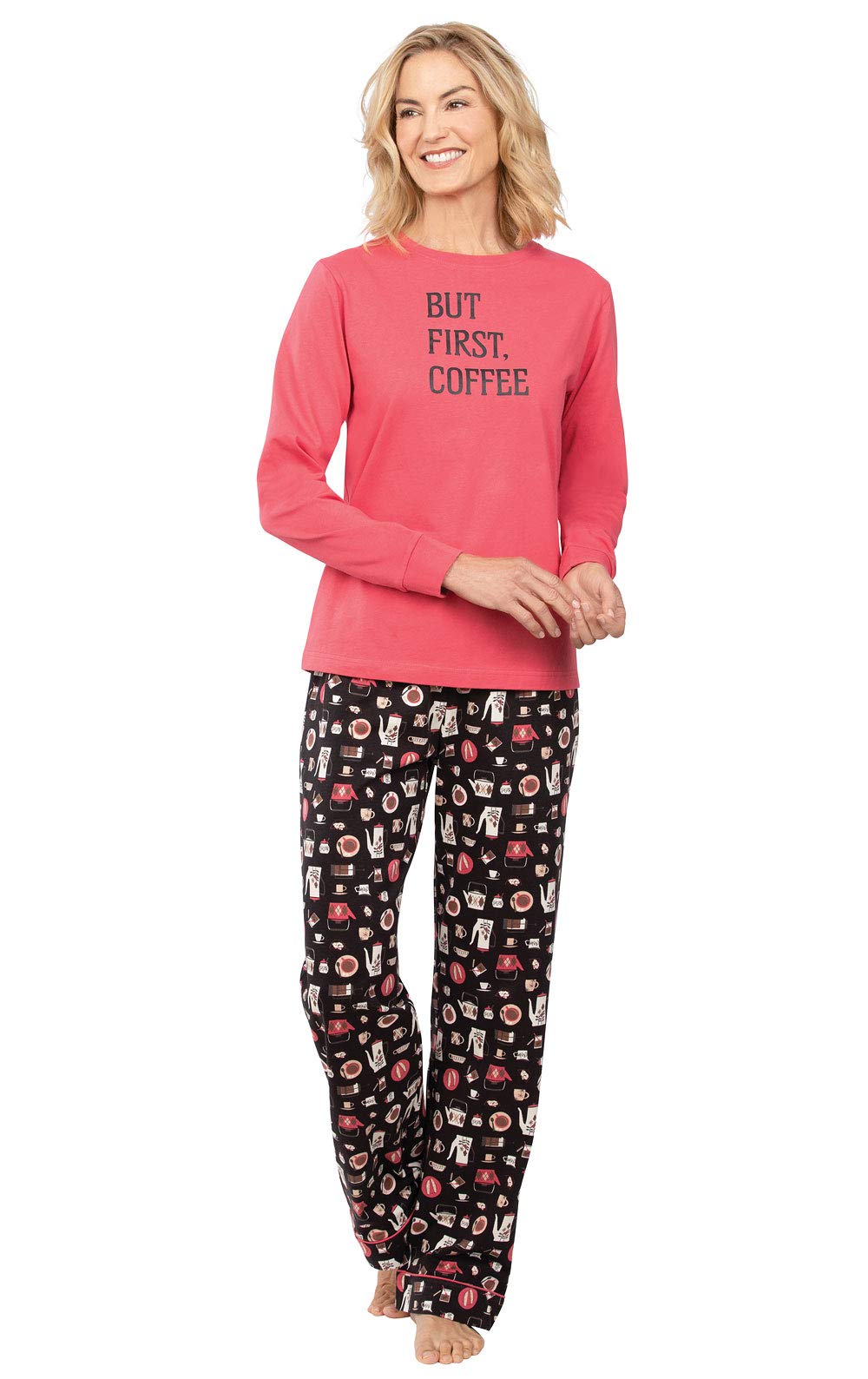 PajamaGram Womens Pajama Sets Cotton - Coffee Pajamas, Pink, Medium / 8-10 Image