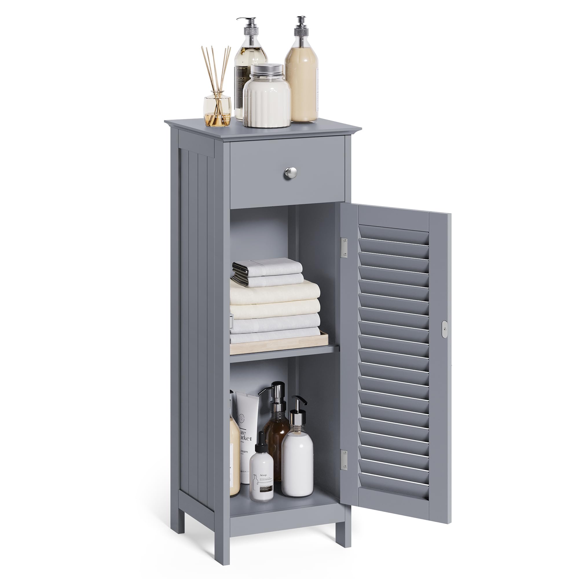 VASAGLE Storage Cabinet, Small Slim Floor Cabinet with Drawer and Shutter Door, for Living Room, Bathroom, Bedroom, 11.8 x 12.6 x 34.3 Inches, Dove Gray UBBC043G02 Image