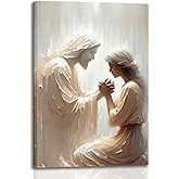 Framed Jesus Canvas Wall Painting Christian Jesus and Praying Woman Wall Decor Bible Art, Healing Woman Living Room Print Poster, Prayer Room Church Decor Ready to Hang 16x24 Inch