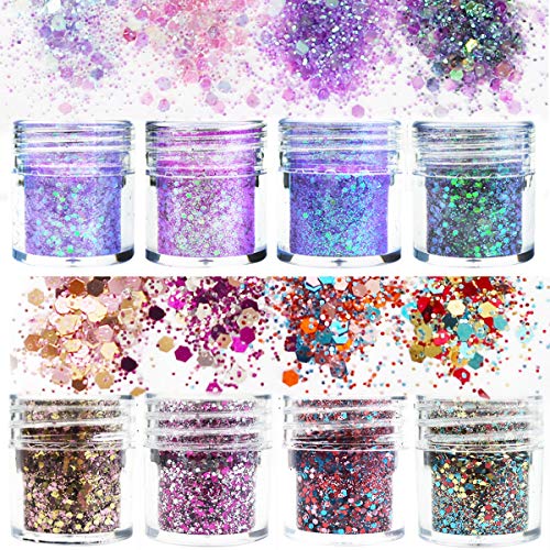 Chunky Glitter, Luckyfine Unicorn Chunky Glitter Makeup Chunky Glitter Sequins, for Nails Face Eyeshadow Lips Hair Body, Included Glue and Brush -12 Jars