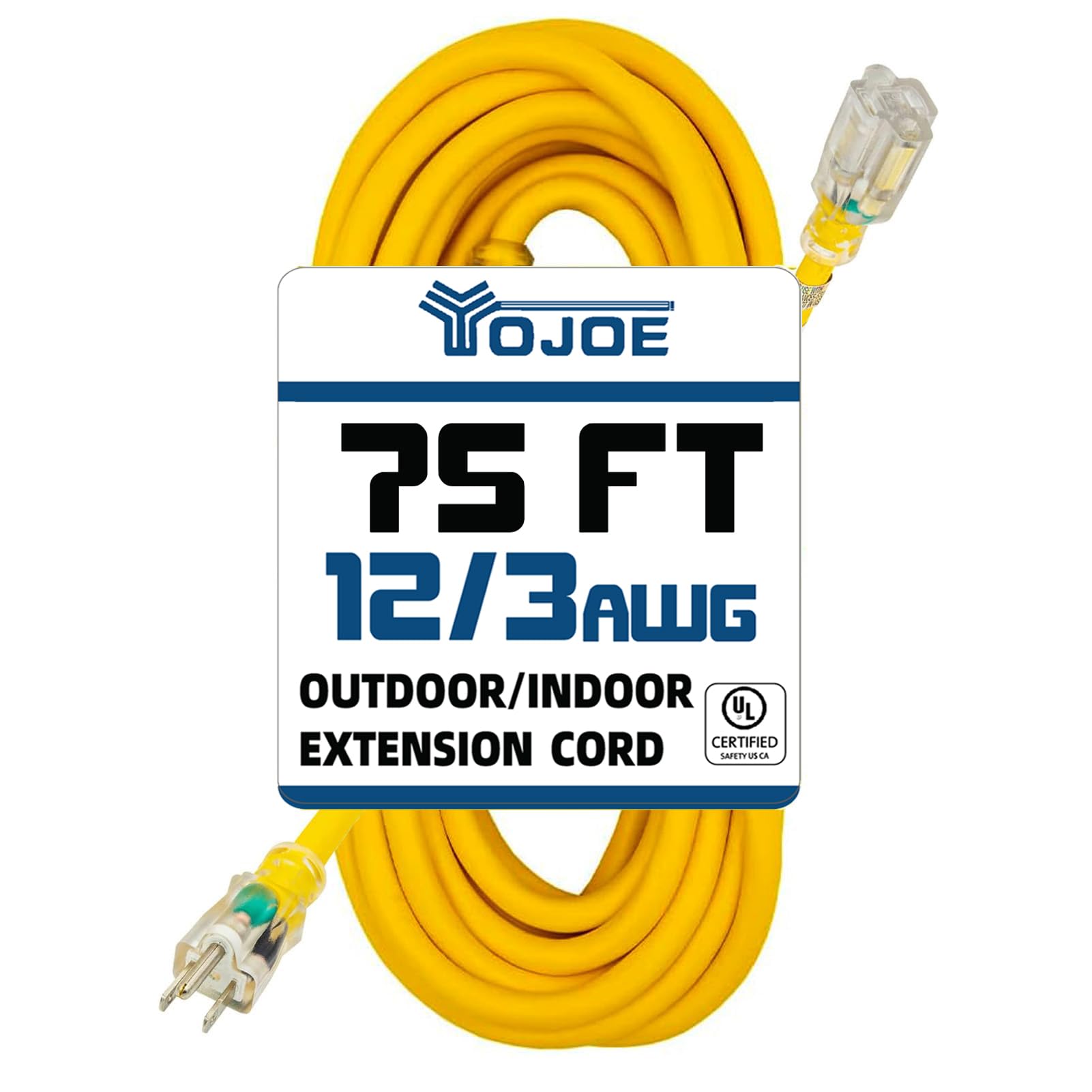 YOJOE Indoor Outdoor Extension Cord with Lighted End, 3 Prong 15A Weatherproof Power Cord, 12 Gauge Heavy Duty 75 ft Yellow Extension Cord for Garage, Garden and Home, 12/3 SJTW UL Listed Image