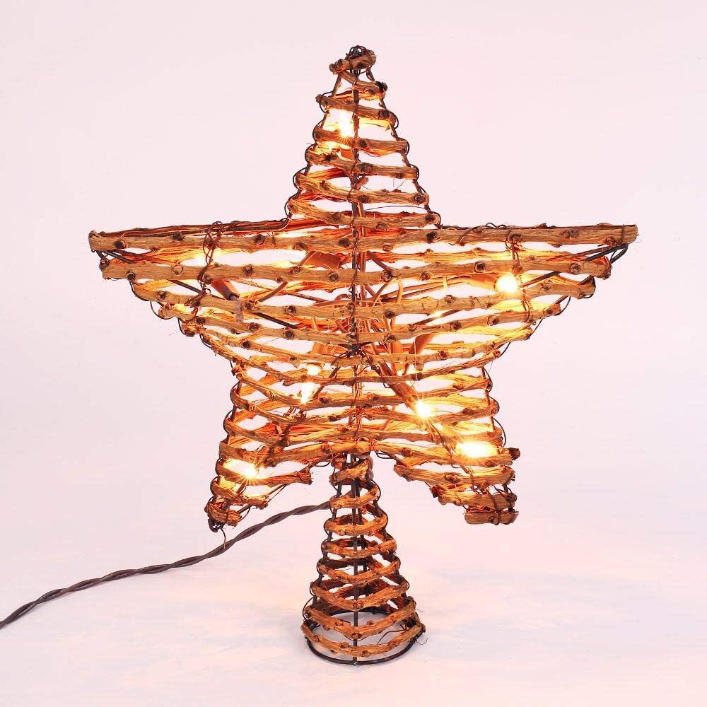 Tree Toppers - Brizled Christmas Tree Topper, 12-inch Rattan Star Treetop with 10 Warm White Lights, 120V UL Certified Xmas Tree-top Star Lights for Christmas Tree Ornament Indoor Party Home Decoration