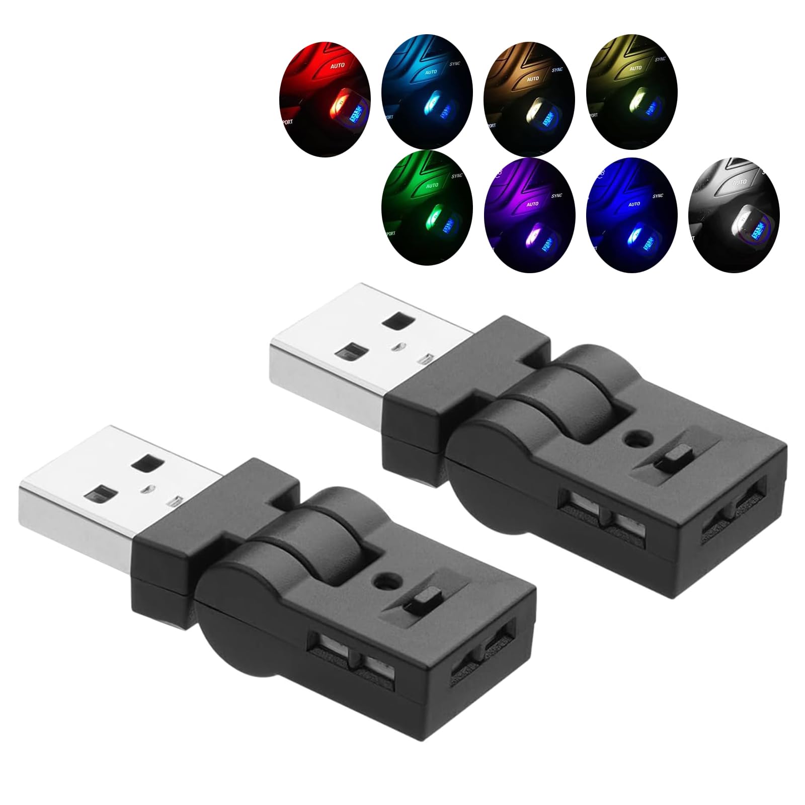 Juckier USBライト 車内用 LED 照射方向切替/180°首振り/自動点灯/RGB8色 メモリー機能搭載 アンビエントライト 小型軽量 簡単取付 USB給電 車アクセサリー USB-A 2個入り の商品画像