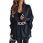 CHICME Solid Poncho Shawl Wraps Knitted Poncho Cardigan Warm Long Sleeve Cozy Versatile Fringe Sweater Cardigan