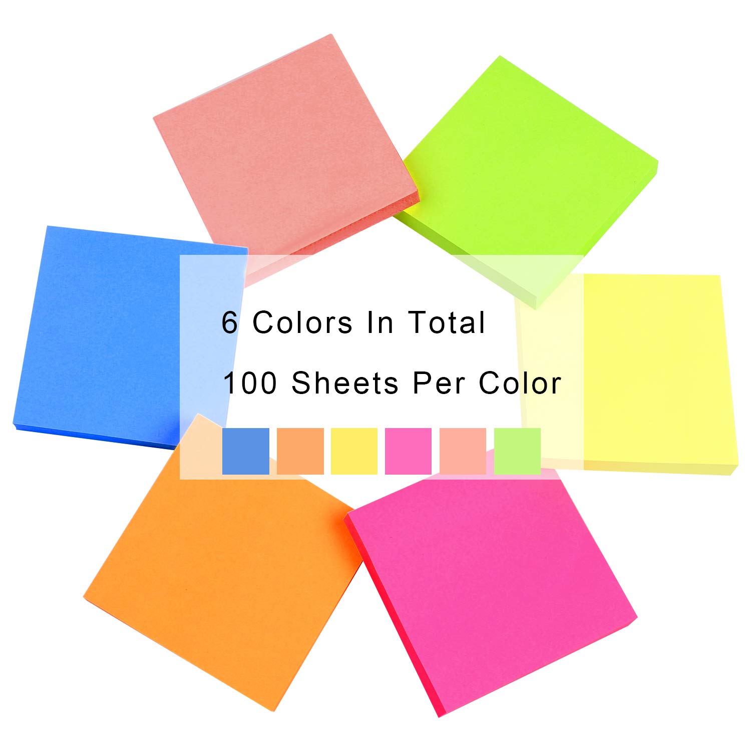 Sticky Notes 3x3 inch Mixed Colors for Reminders 6 Pads/Pack Total 600 Sheets