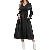 CYiNu Womens Floral Long Sleeve Midi Dress Deep V Neck Elastic Waist Boho Floral Dress for Women