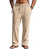 LINENNMAIN Men's Casual Linen Pants Elastic Waist Drawstring Summer Lightweight Beach Loose Fit Trouser with Pockets