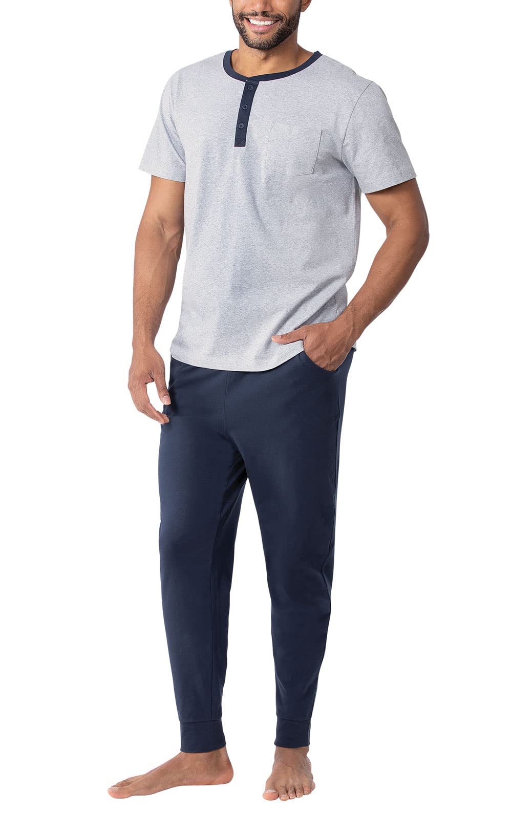 PajamaGram Mens Lightweight Jogger Pants Pajama Set 100 Cotton PJ Sets for Men Casual Joggers for Men with Pockets Sets Navy Blue Jogger Pants for Gray Short Sleeve Henley Top XL Image
