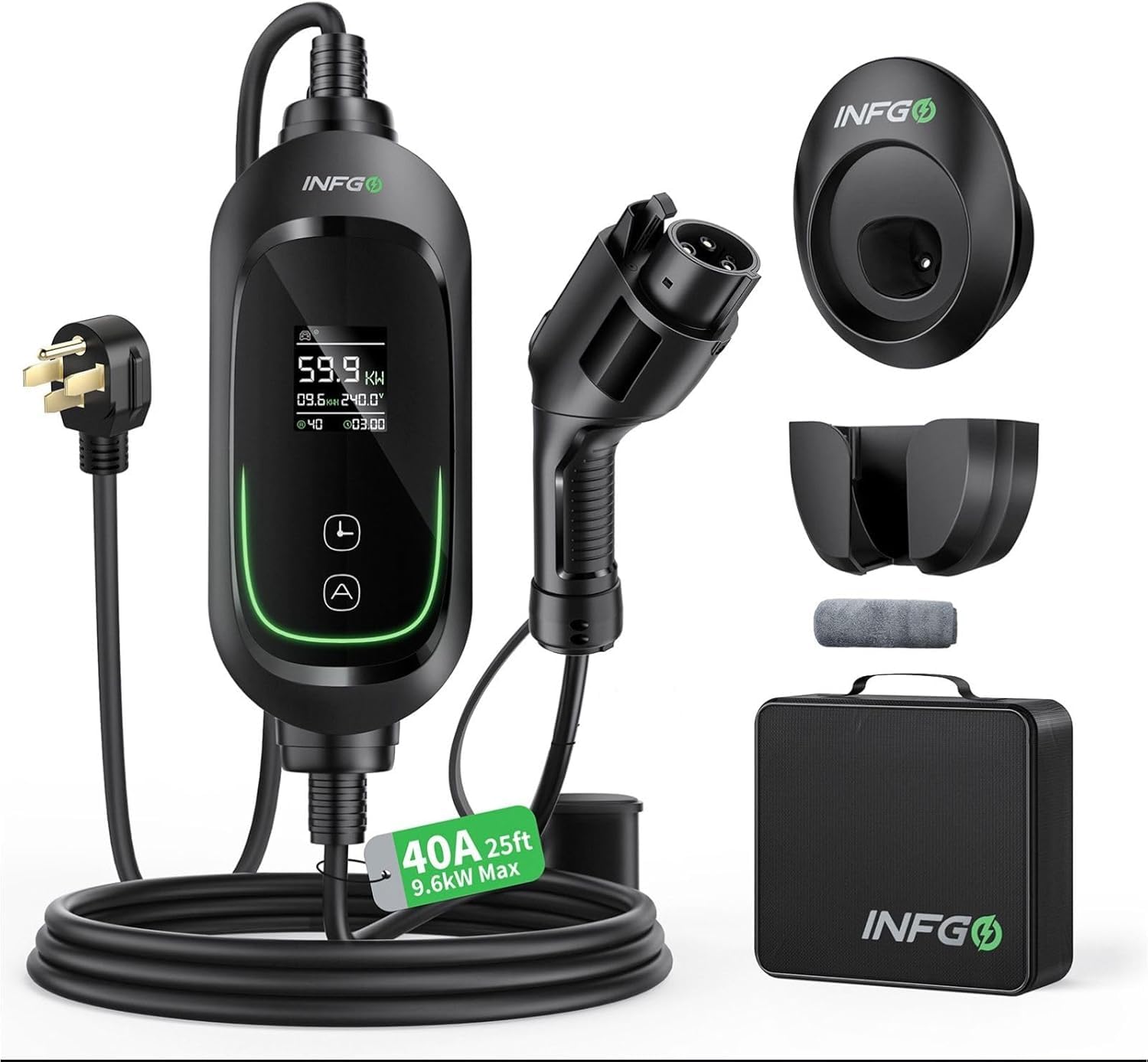 Photo 1 of INFGO Level 2 EV Charger 40Amp, Portable Electric Car Charger 25FT Cable for NEMA 14-50 Plug, 240V, 9.6kW, Adjustable Current, Timing Delay, Vehicle Charger Station for J1772 BEVs/PHEVs