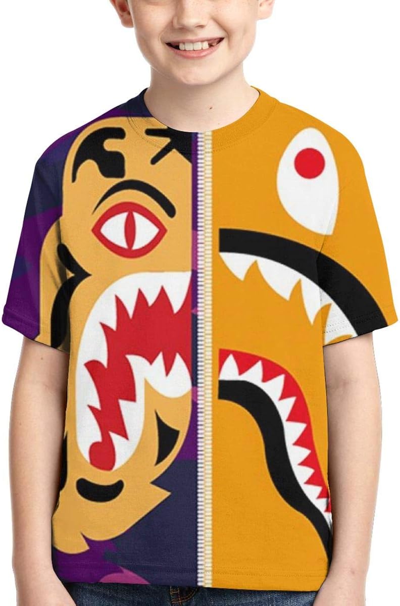 Bape Shark Half Gray Camo Boys Girls 3D Printed Short Sleeves T Shirt Fashion Youth Tee Shirts