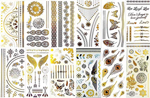 BohoTats Tattoos - Set 2 of 12 Sheets - Over 100+ Intricate Designs - Stunning Flash Metallic Boho Tattoos - Non Toxic - Quality Guarantee - Temporary Metallic Tattoos