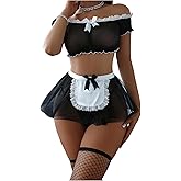 WDIRARA Women's 5 Piece Mesh Lace Trim Lingerie Set Bow Decor Frill Trim Bra Mini Skirt Thong with Stockings
