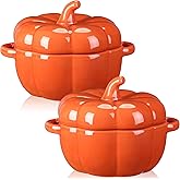 Hushee 2 Pcs Pumpkin Ceramic Soup Bowls Thanksgiving Dutch Oven Pot with Lid 14.2 oz Double Ear Casserole Cookware Dish Pot f