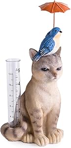 Wind & Weather Cat and Bird with Umbrella Rain Gauge - All-Weather Resin Sculpture with Acrylic Rain Tube