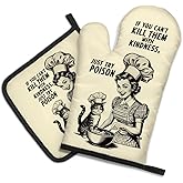 DYJYBMY If You Can't Kill Them with Kindness Just Try Poison Humorous Vintage Lady Oven Mitts and Pot Holder Set, Funny Kitchen Gadgets for Women Cat Lover, Housewarming Gifts for Hostess Bake Lover