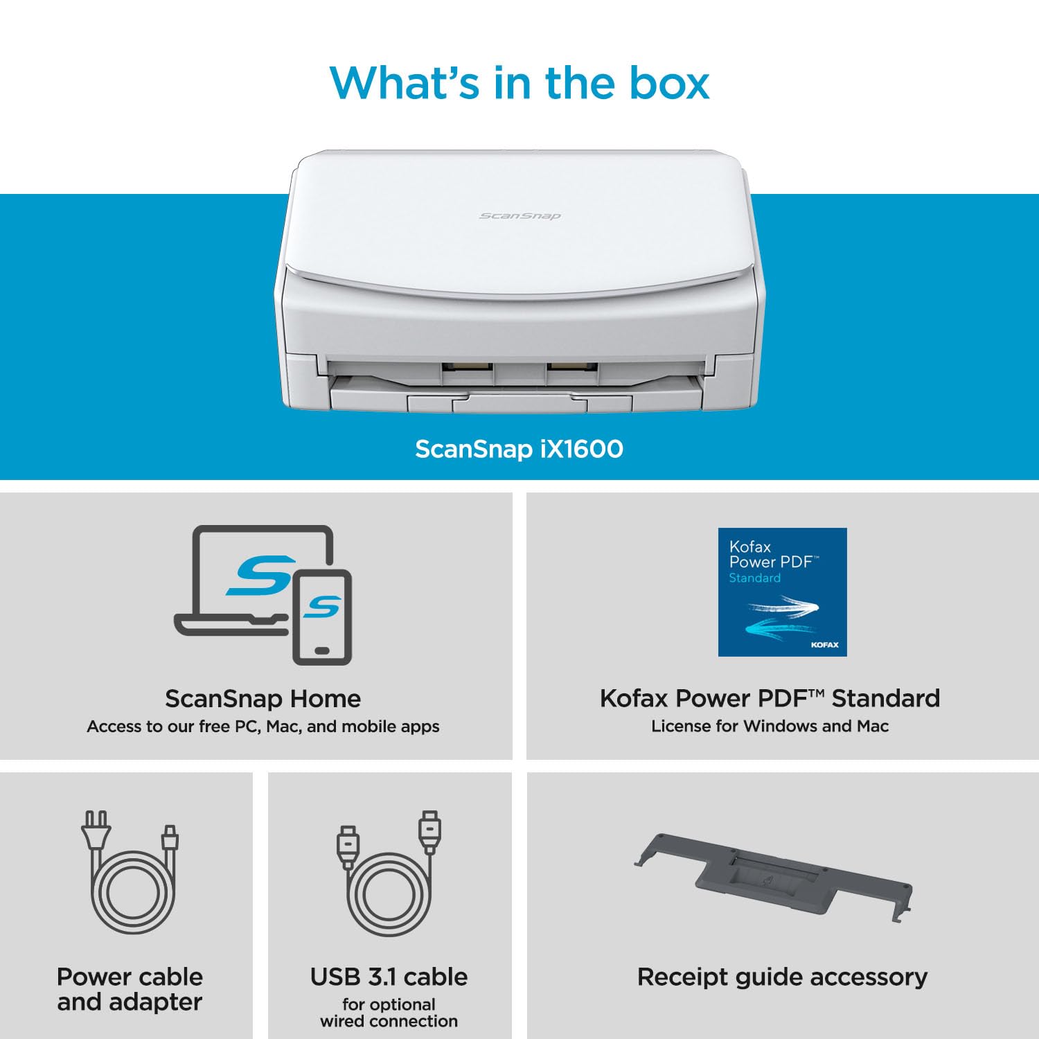 ScanSnap iX1600 Wireless or USB High-Speed Cloud Enabled Document, Photo & Receipt Scanner with Large Touchscreen and Auto Document Feeder for Mac or PC, White
