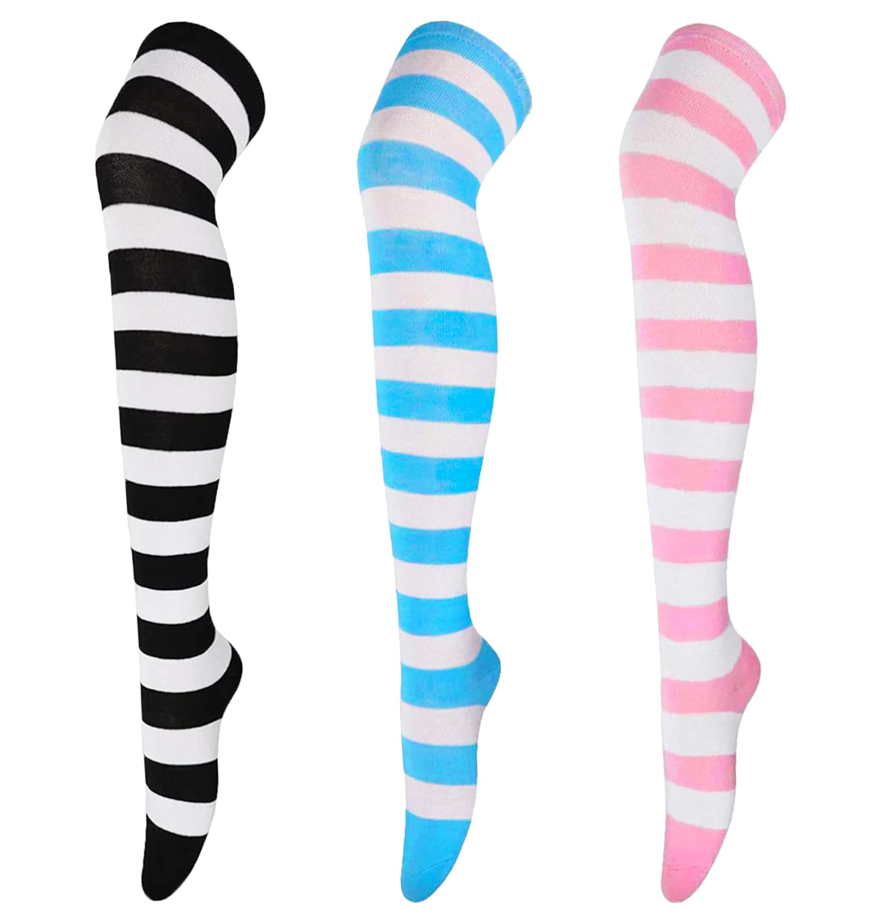 Chalier Womens Knee-High Socks stretchy striped Stocking Thigh High Socks 2 or 3 Pairs, One Size, Grey/Black/White (3 Pairs(Wide Stripes))