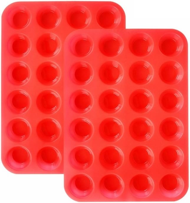 Silicone Mini Muffin Pan Silicone Molds, 2 Pack Silicone Mini Cupcake Pan with 24 Cups Muffin Tin (Red)