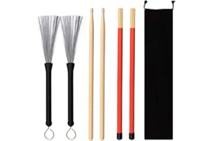 GOGHOST Drum Sticks Set - 5A Maple Wood Drum Sticks 1 Pair Drum Wire Brushes Retractable Drum Stick Brush and 1 Pair Rods Drum Sticks for Jazz Acoustic Folk Music Lover Gift with Portable Storage Bag