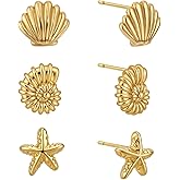3 Pairs Seashell Stud Earrings Set for Women, Mini Gold Starfish Sea Shell and Conch Earrings Gift Dainty Ocean Beach Themed Statement Jewelry for Summer Vacation Daily Wear