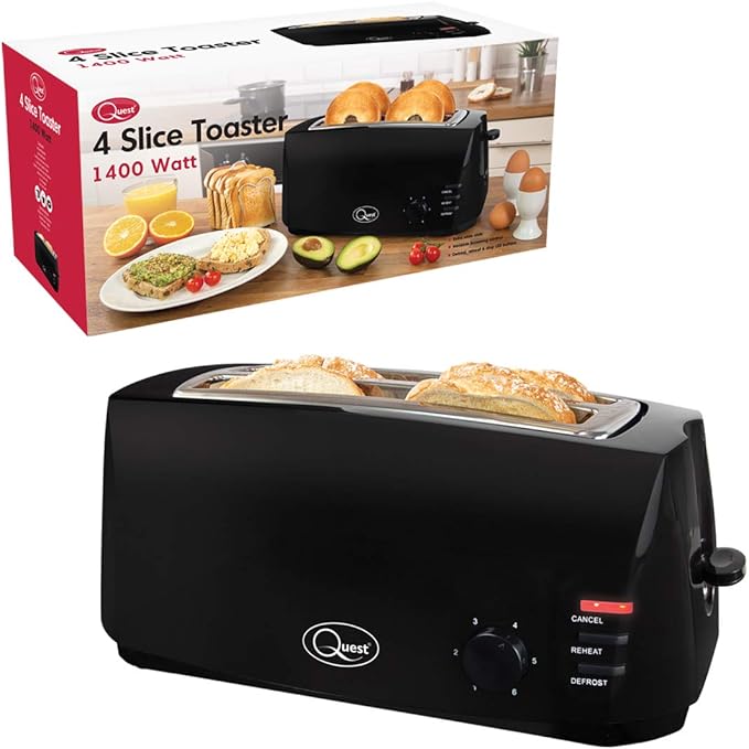 Quest 35069 4Slice Toaster Extra Wide Slots Cool Touch, 1400W, Black