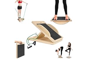 AFFINIQUE 3-in-1 Portable Wooden Slant Board, Balance Board & Resistance Band – 5 Incline Angles –Incline Board – Slant board for exercise, Squats, Physical Therapy – Anti-Slip Surface, Portable, Metal Hook