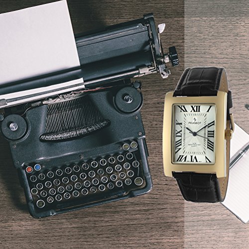 Peugeot Men's Vintage Rectangular 14K Gold Plated Black Leather Strap Watch