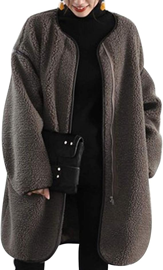 Amazon Chenyoulan ボアジャケット ロングボアコート ボアブルゾン ロング コート アウター マウンテンパーカー フリースジャケット もこもこ 防寒 レディース カジュアル 秋冬 レザー調パイピング ミドル丈 無地 ジップアップ オーバーサイズ コート ジャケット 通販