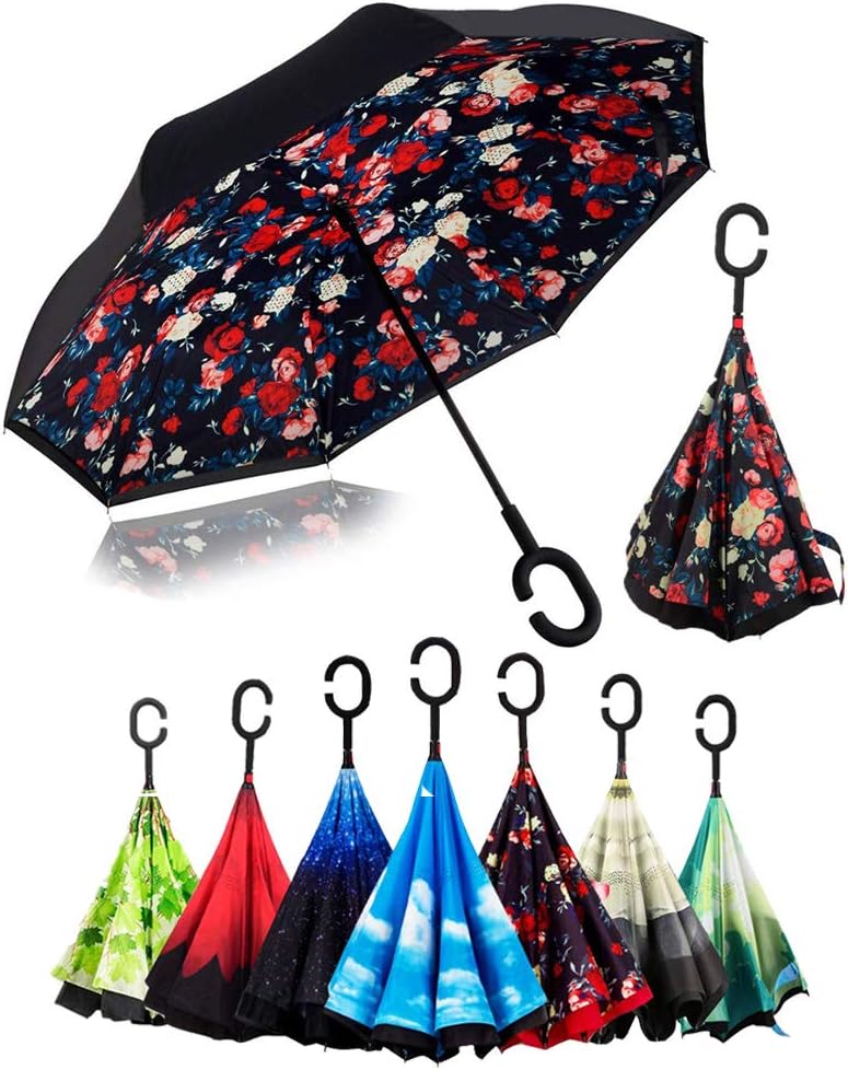 SKY TEARS creative mirror reversed travel umbrella with C-moulded handle 41.7×31.5inch/106×80cm Red