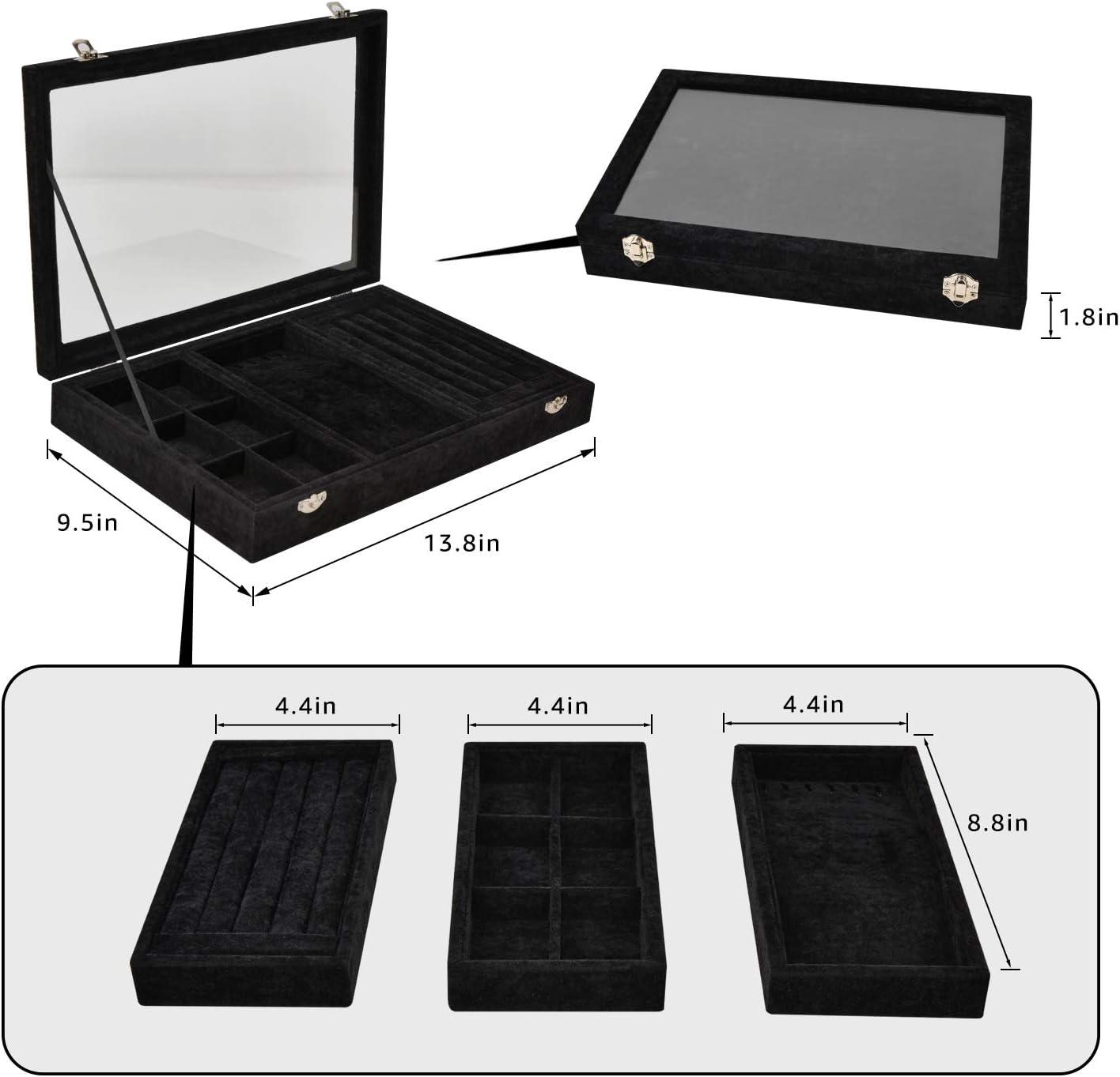 VIEFIN Velvet Stackable Jewelry Tray with Lid, Earring Drawer Insert Display Show Case, Dresser Organizer for Ring Stud, Necklace Holder Storage Box Chest,Black 4 in 1(with lid): Home & Kitchen