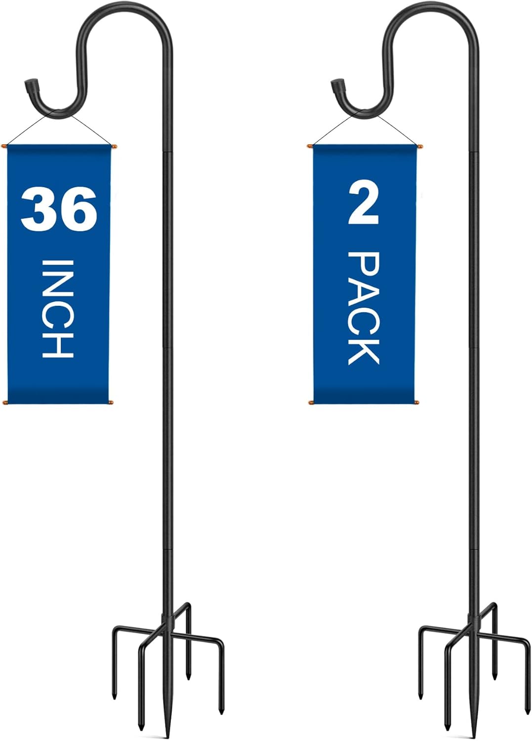 Outdoor Shepherd's Hooks - Bluwing 36 Inches Outdoor Shepherd Hook with 5 Prong Base (2 Packs), Stand Pole for Humming Bird Feeder, Adjustable Freestanding Hanger Base for Flower Planter, Outside Garden Holder for Wind Chime