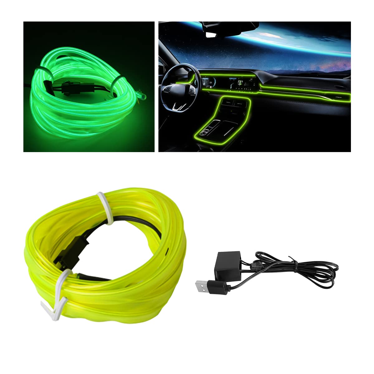 EL Wire Interior Car LED Strip Lights, 16FT USB 5V Neon Light With 6mm ...