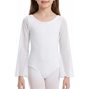 Spring&Gege Gymnastics Leotards for Girls Bell Long Sleeve Mesh Bodysuit | Gilrs Casual Ballet Dance Outfit for 5-14 Years