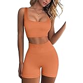 QINSEN Workout Sets for Women 2 Piece Seamless Ribbed Crop Tank High Waist Shorts Yoga Outfits