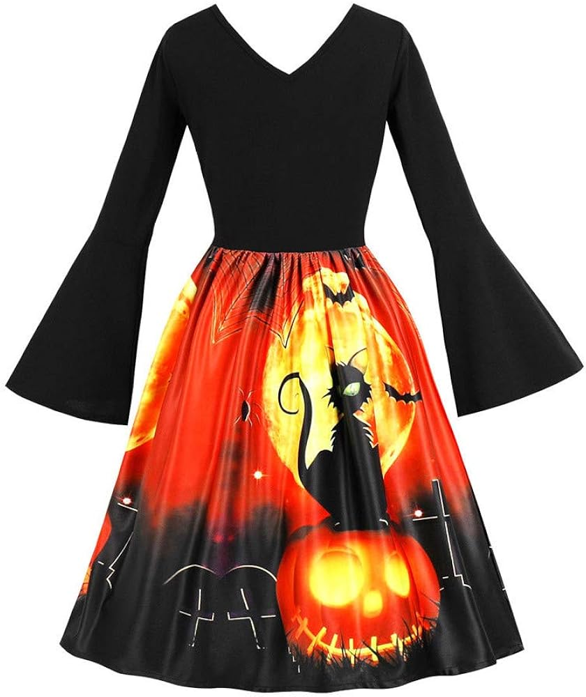 ZYUEER Femmes Robes Halloween Noir Chat Imprimé, Robes De SoiréE Femme
