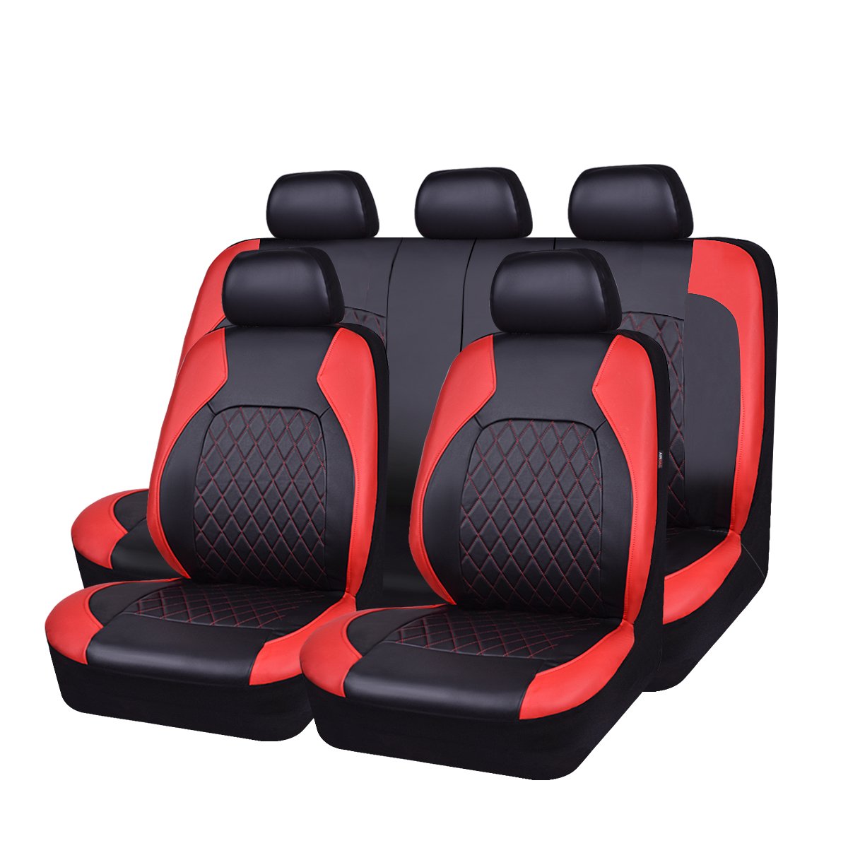 HORSE KINGDOM Universal Car Seat Covers Faux Leather Full Seat 11 pcs Airbag Compatible Breathable (Black with Red)