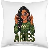 Aries Queen Aries Zodiac Sign Loc'd Afro Girl Throw Pillow