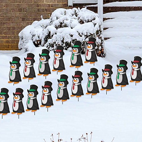 VictoryStore Yard Sign Outdoor Lawn Decorations: Penguins Christmas Pathway Markers - Set of 16 with 16 Short Stakes
