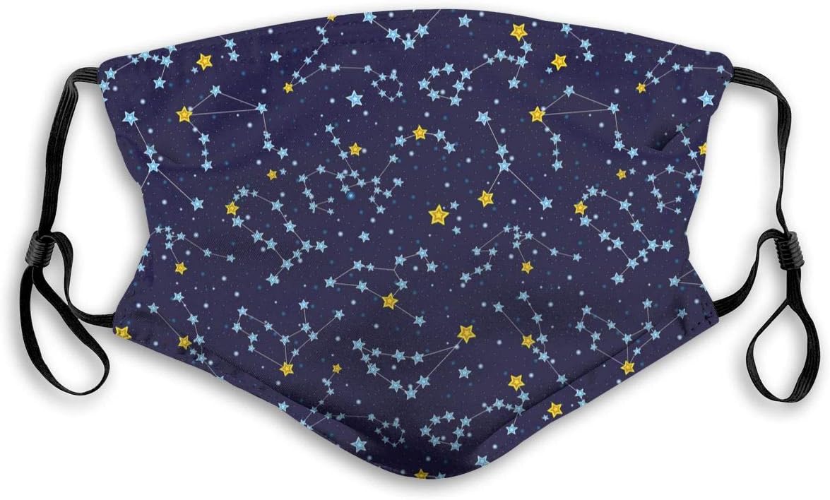 Fashion Mouth Mask Reusable Anti-Dust Mask Cartoon Zodiac Starry Sky Printing Unisex Face Mask Anti Smog Respirator with 2 Replaceable Filters for Outdoor Activities Cycling Camping for Adult
