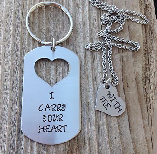 Custom military dog tag I carry your heart with me hand stamped dog tag and missing heart his and her set deployment gift jewelry