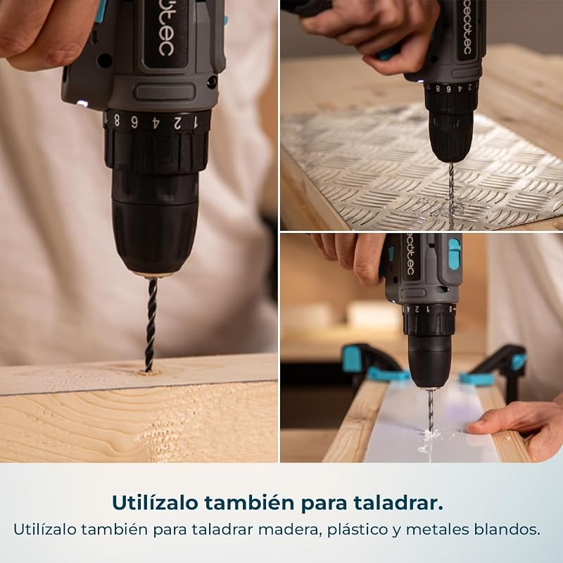Taladro a Batería PowerForce 1000. 12V 2000mAh, 2 Velocidades 400/1400rpm, Par de Apriete 28Nm en 20 Niveles, Luz LED, Cambio de Broca sin Llave, Diseño Ergonómico, Incluye Puntas y Brocas
