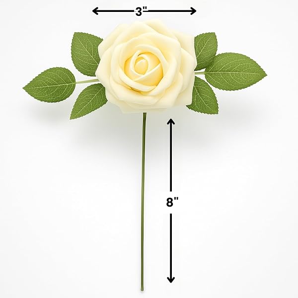 RCZ DÉCOR ARTIFICIAL CREAM FOAM ROSES WITH STEMS & LEAVES – PACK OF 50, PERFECT FOR WEDDING CENTERPIECES, EVENT DECOR, DIY BOUQUETS, AND MORE