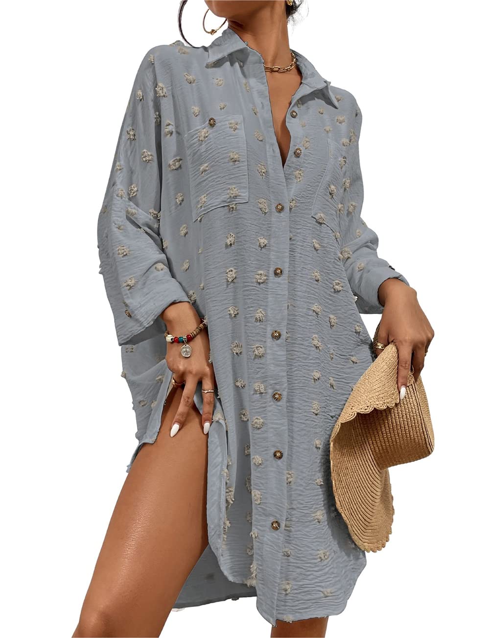 Bsubseach Badpak Coverup voor Vrouwen Zwitserse Dot Badpak Badmode Button Down Strand Shirt Cover Up Resort Wear, Licht Kaki, M