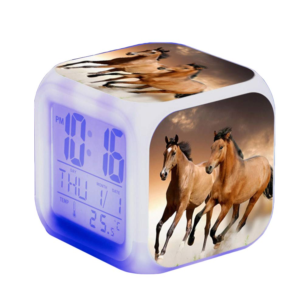 Alarm Clock Horses Animal Alarm Children Illuminated LED Night Glowing Alarm Clock with Light Wake Up Birthday Gifts for Adults (C)