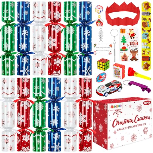 Melisheer Christmas Crackers, 12 Pack No Snap Christmas Party Favors with Snowflake Design, Xmas Poppers with Crown and Joke, Perfect for Christmas Gifts Xmas Table Holiday Party Supplies
