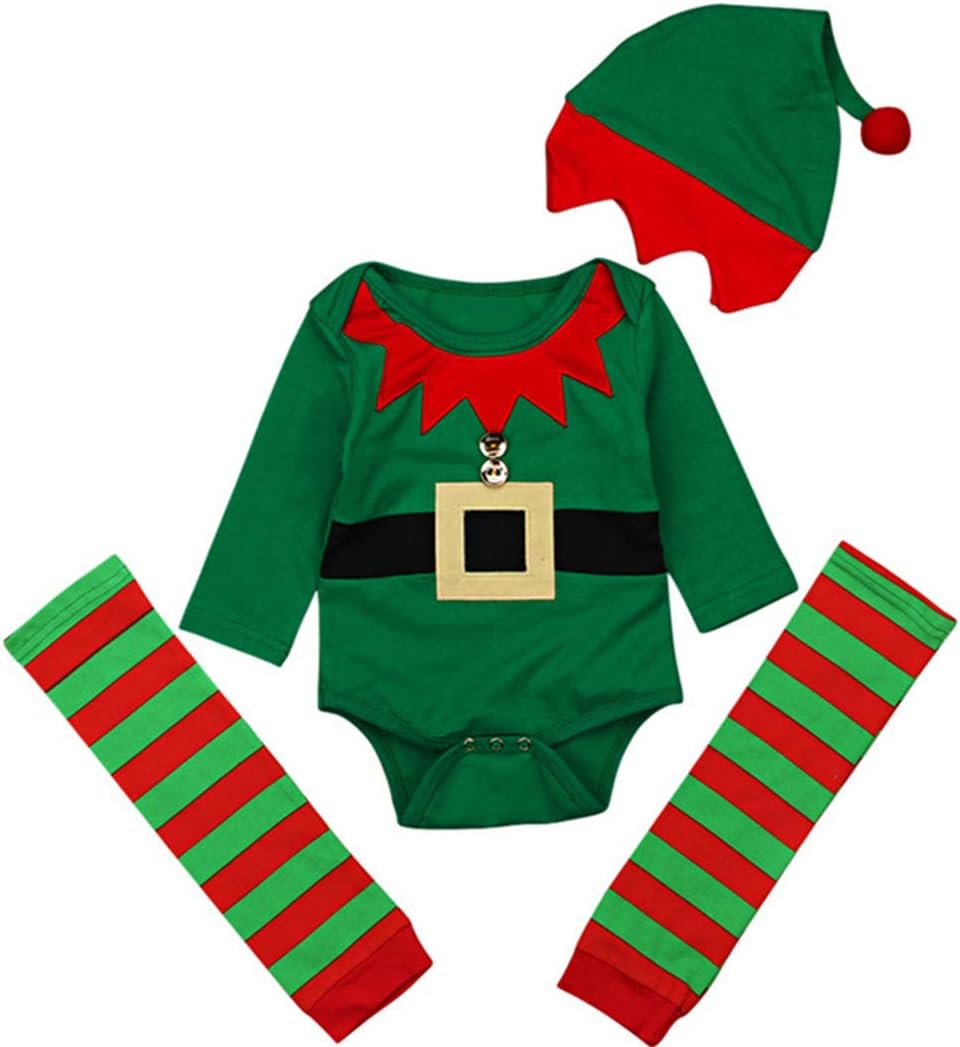 BANGELYChristmas Cartoon Elf Costume Baby Boys Girls Santa Claus Long Sleeve Romper+Stripe Leg Warmer+Cap 3Pcs Set Outfits