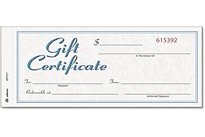 Adams Gift Certificate Book, Carbonless, Single Paper, 3.4 x 8 Inches, White/Canary, 2-Part, 25 Numbered Certificates Plus Store Sign (GFTC1)