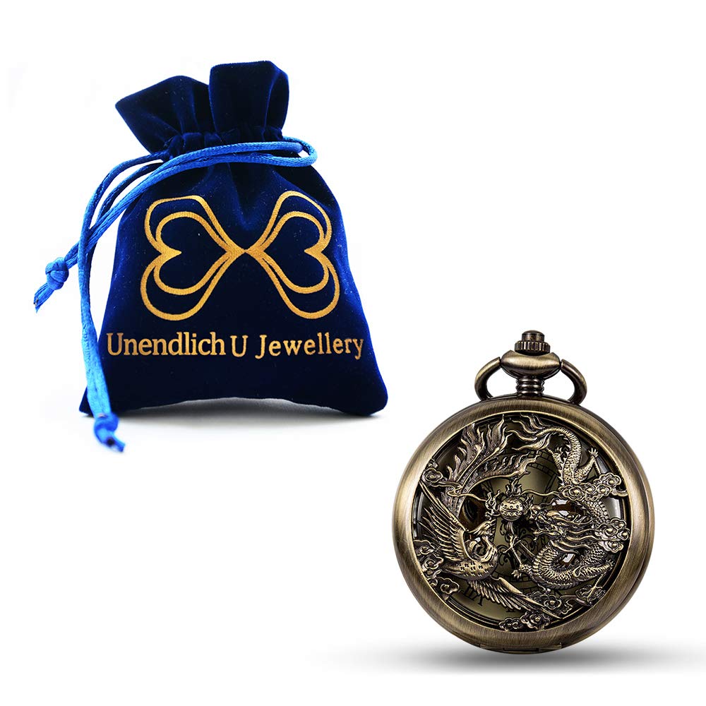 Infinite U Pocket Watch Dragon & Phoenix Vintage Mechanical Steampunk Skeleton Roman Numerals Fob Watch with Chain for Men Women