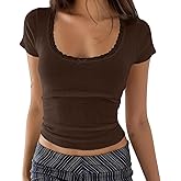 BAIGRAM Women Y2K Lace Trim Pointelle Crop Tops Scoop Neck Short Sleeve T Shirts Baby Tee Aesthetic Clothes Going Out