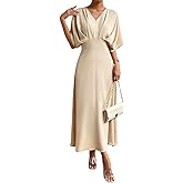 Floerns Women's V Neck Half Sleeve Ruched Cocktail Evening A Line Long Dress